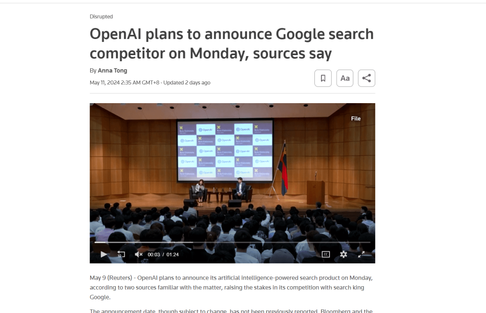 消息人士稱，OpenAI 計劃週一宣布穀歌搜尋競爭對手.png